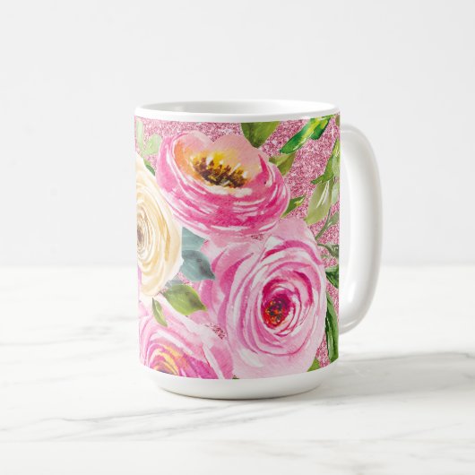 Rose in Rosa und Cremepinot Glitzer Kaffeetasse (VorderseiteRechts)