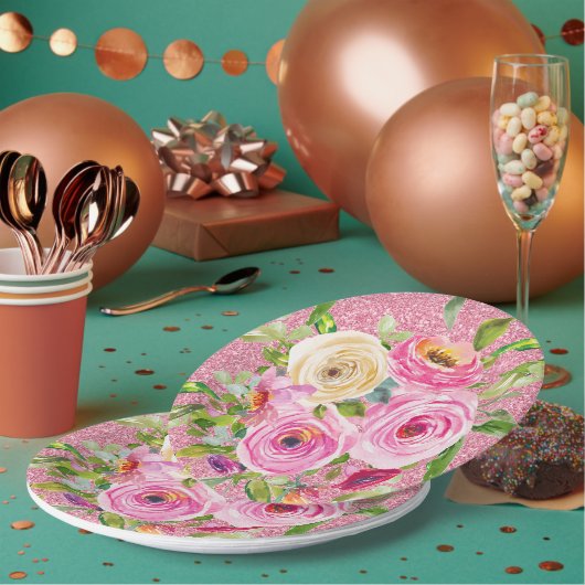 Rose in Rosa und Cremepinot Glitzer Pappteller (Multi)