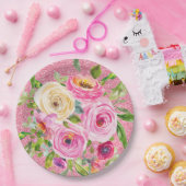 Rose in Rosa und Cremepinot Glitzer Pappteller (Party)