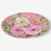 Rose in Rosa und Cremepinot Glitzer Pappteller (Schrägansicht)