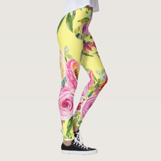 Rose in Rosa und Rot auf Gelb Leggings (Rechts)