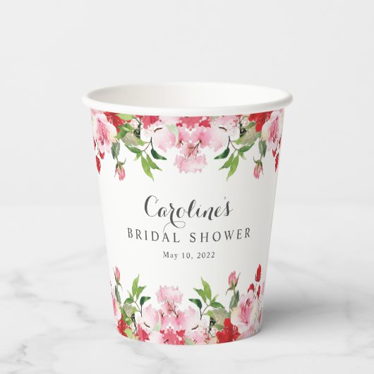 Rose in Rot und Rosa Brautparty Pappbecher (Rückseite)