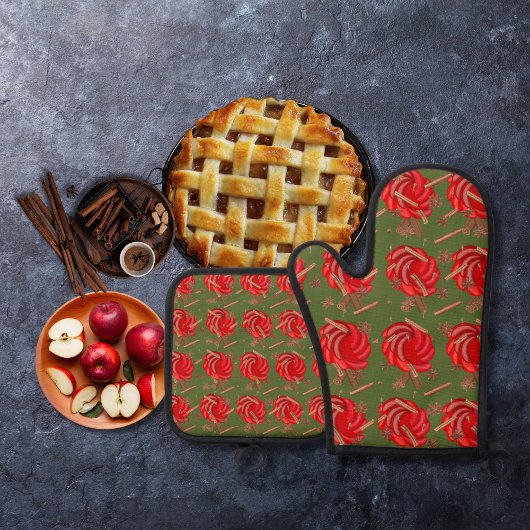 Rose inspiriert Äpfel und Gewürze grün Ofenhandschuh & Topflappen-Set