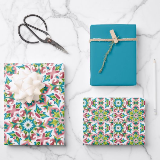 Rose, Kalkgrün, Aquamarin-Weiß-Muster Geschenkpapier Set (Vorderseite)