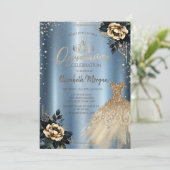 Rose Kleid, Diamonds Blue Metallic Quinceañera Einladung (Stehend Vorderseite)