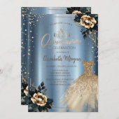 Rose Kleid, Diamonds Blue Metallic Quinceañera Einladung (Vorne/Hinten)