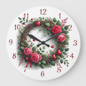 Rose Kranz mit Rotem Herzen Große Wanduhr (Vorderseite)