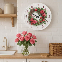 Rose Kranz mit Rotem Herzen Große Wanduhr