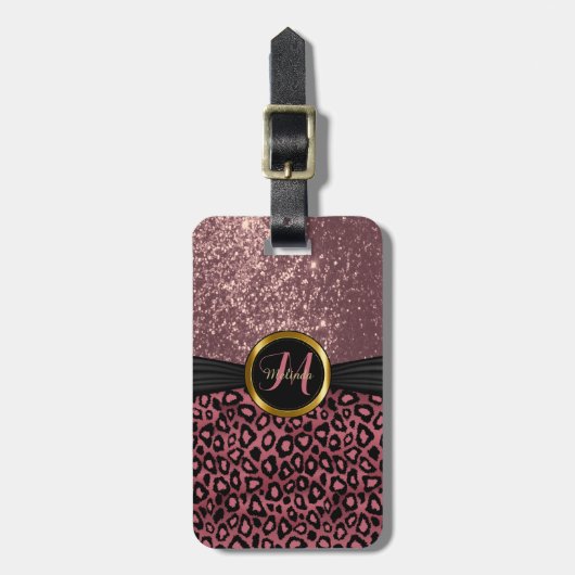 Rose Leopard Haut und Glitzer - Monogramm Gepäckanhänger (Vorderseite vertikal)