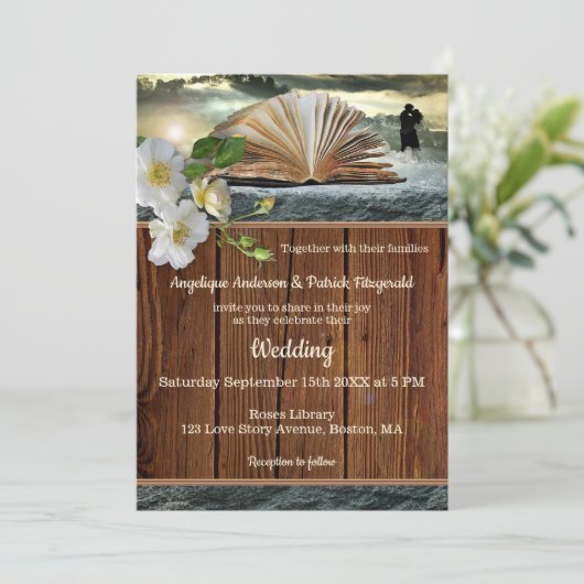 Rose Liebe Buch Hochzeit oder Jubiläum Einladung (Stehend Vorderseite)