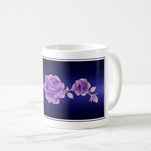 Rose liebt Design Lila Rose auf Metallic Blue Kaffeetasse (VorderseiteRechts)