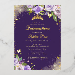 Rose Lila Gold Schmetterling Floral Quinceanera Folieneinladung