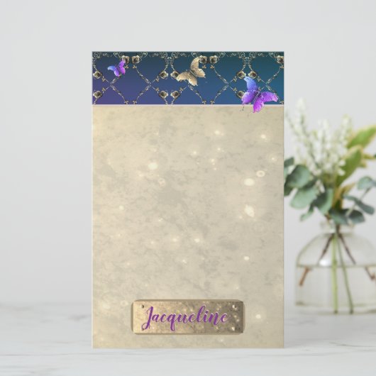Rose Lila Schmetterlinge mit/Name Briefpapier (Stehend Vorderseite)