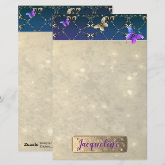 Rose Lila Schmetterlinge mit/Name Briefpapier (Vorne/Hinten)