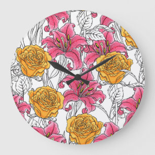 Rose Lilies Handgezeichnetes Muster Große Wanduhr