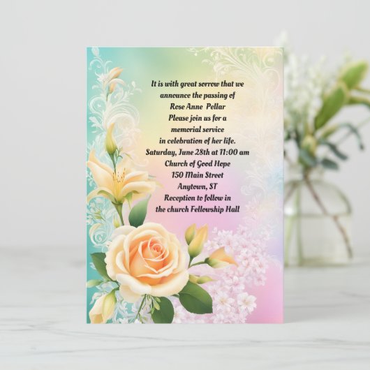 Rose Lily and White Lilac Memorial Einladung (Stehend Vorderseite)