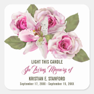 Rose Lily Greenery Candle Memorial Label Quadratischer Aufkleber