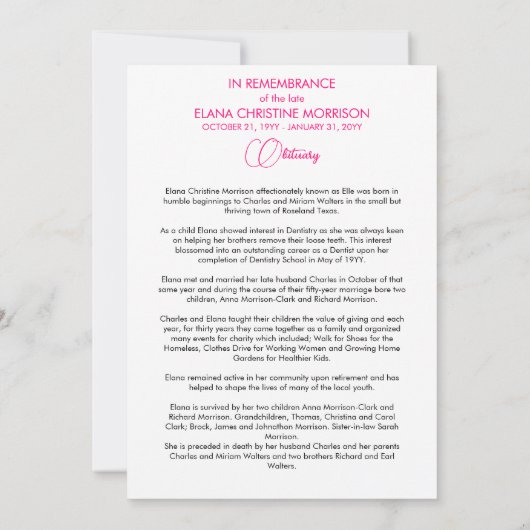 Rose Lily Pearl Pink Beerdigung Programm (Rückseite)