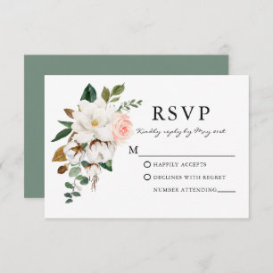 Rose Magnolias Hochzeitssage Grün RSVP Karte