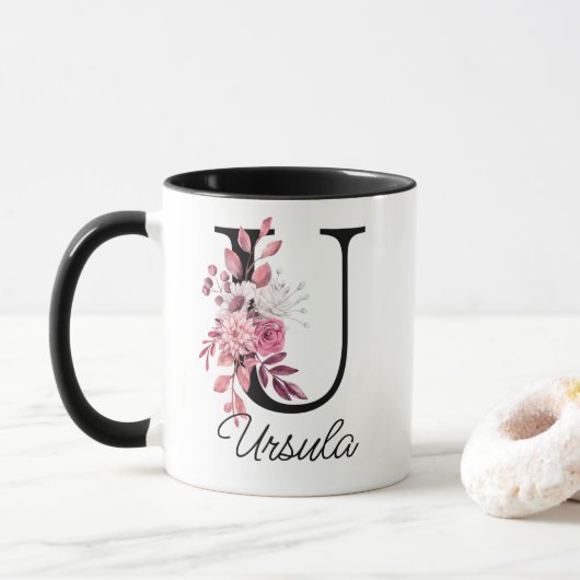 Rose Mauve Floral Letter U Monogram Initial Tasse (Mit Donut)