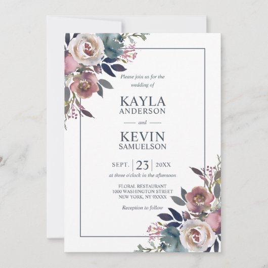 Rose Mauve Navy Blue Floral Dusty Einladung (Vorderseite)