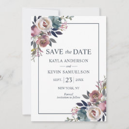 Rose Mauve Navy Blue Floral Dusty Save The Date