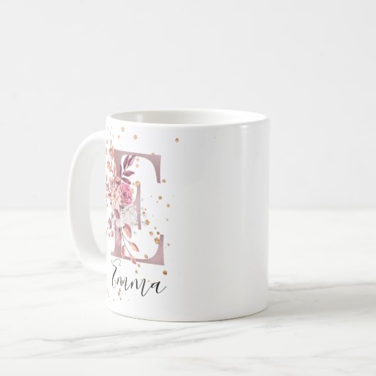 Rose Mauve Pink Floral Monogram Letter E Kaffeetasse (Vorderseite Links)