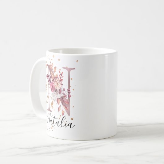 Rose Mauve Pink Floral Monogram Letter N Kaffeetasse (Vorderseite Links)