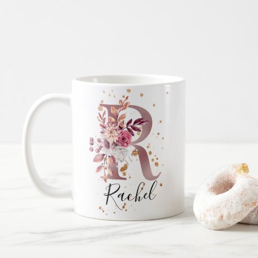 Rose Mauve Pink Floral Monogram Letter R Kaffeetasse (Mit Donut)
