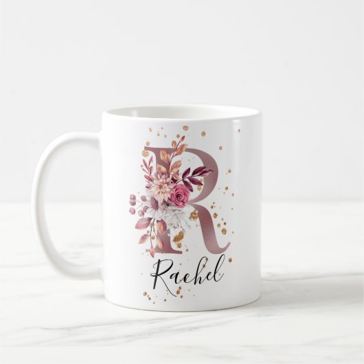 Rose Mauve Pink Floral Monogram Letter R Kaffeetasse (Links)