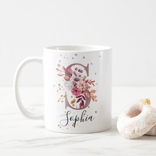 Rose Mauve Pink Floral Monogram Letter S Kaffeetasse (Mit Donut)
