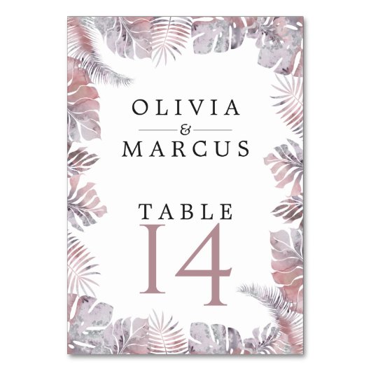 Rose Mauve Watercolor Tropic Blätter Tischnummer (Rückseite)
