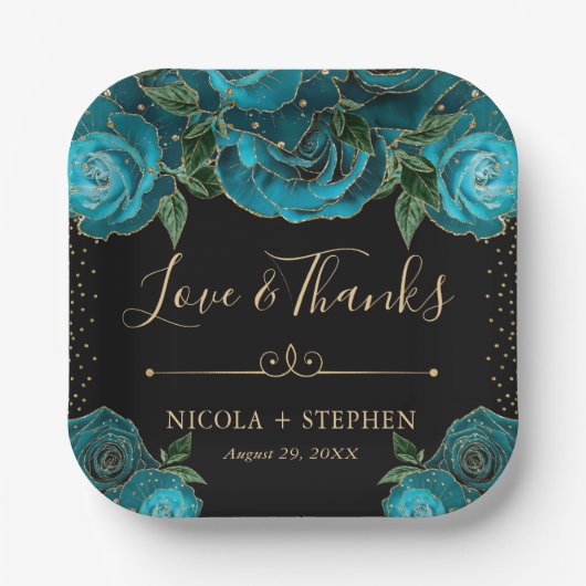 Rose mit Aquamariner Wasserfarbe und Goldmedaille Pappteller (Vorderseite)