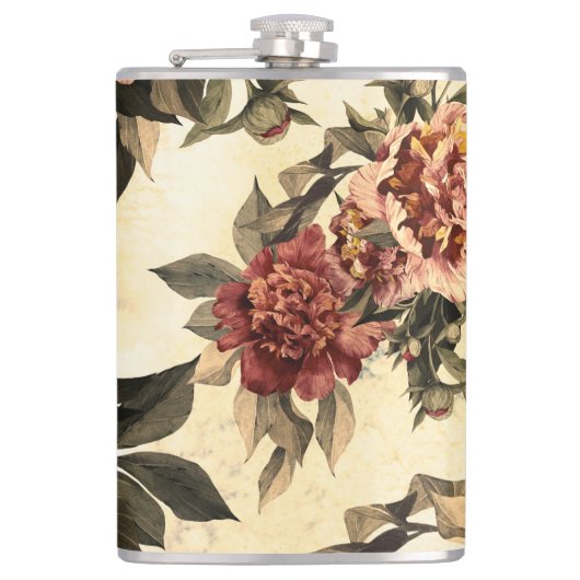 Rose mit Blumengeflecht, Peonies-Muster. Flachmann (Vorderseite)