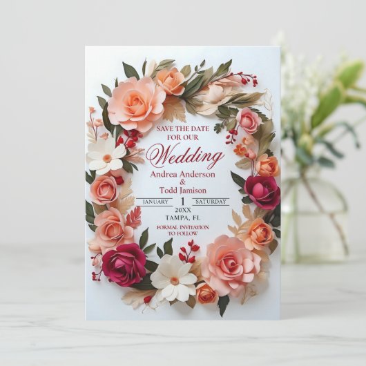 Rose mit Blumenkranz Save The Date (Stehend Vorderseite)