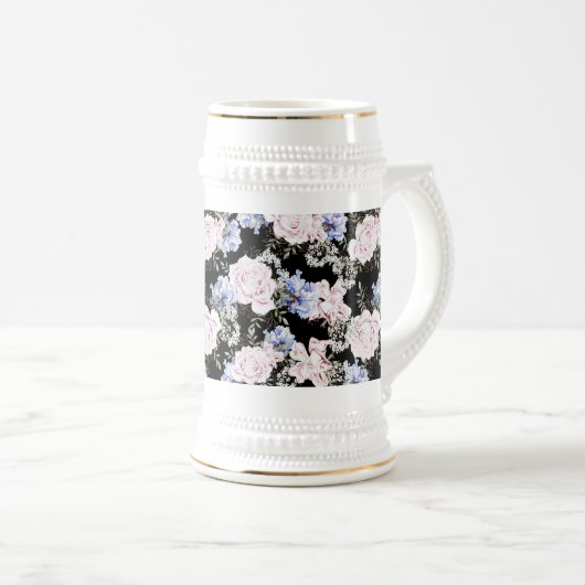 Rose mit Blumenmuster Iris Pink Blau Bierglas (VorderseiteRechts)