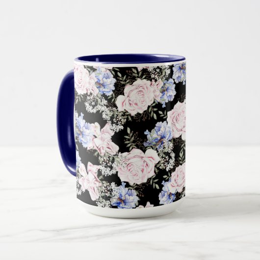 Rose mit Blumenmuster Iris Pink Blau Tasse (Vorderseite Links)
