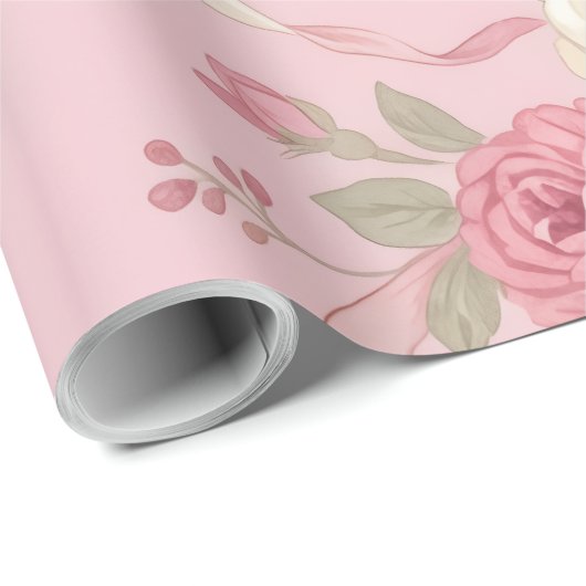 Rose mit Blumenmuster und Flachbandbögen Geschenkpapier (Rolleneckpunkt)