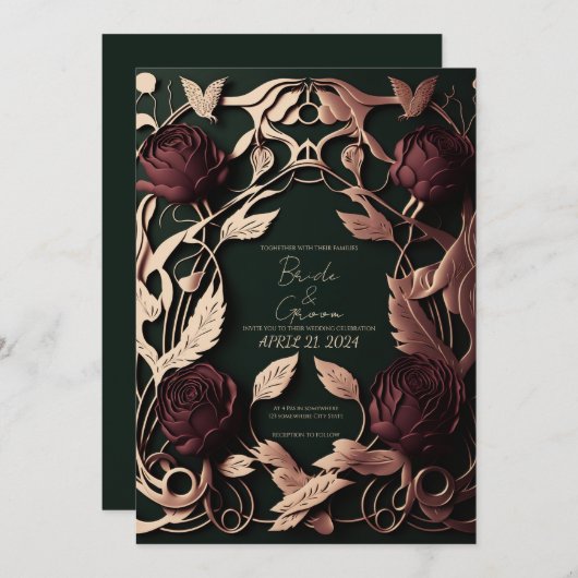 Rose mit dunkelgrün und gold einladung (Vorne/Hinten)