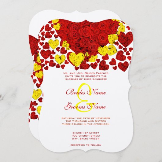 Rose mit gelbem und rotem Herz laden zu Hochzeiten Einladung (Vorne/Hinten)