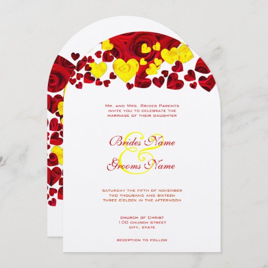Rose mit gelbem und rotem Herz laden zu Hochzeiten Einladung (Vorne/Hinten)