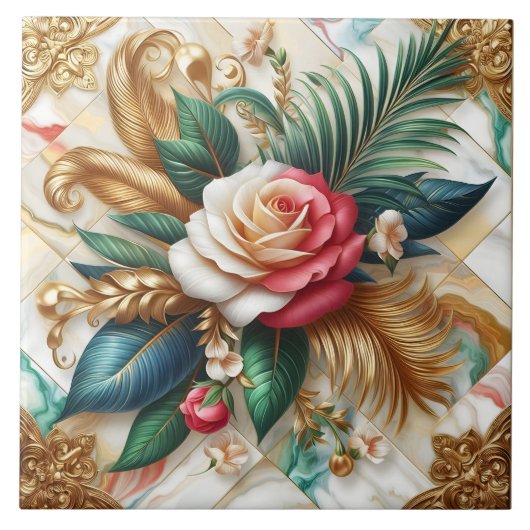Rose mit Gold-Blätter auf Marmor Fliese (Vorderseite)