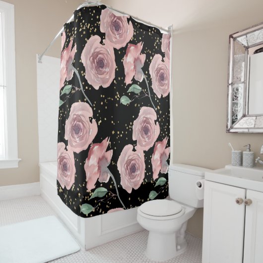 Rose mit goldenen Glitzern in Schwarz Duschvorhang (Beispiel)