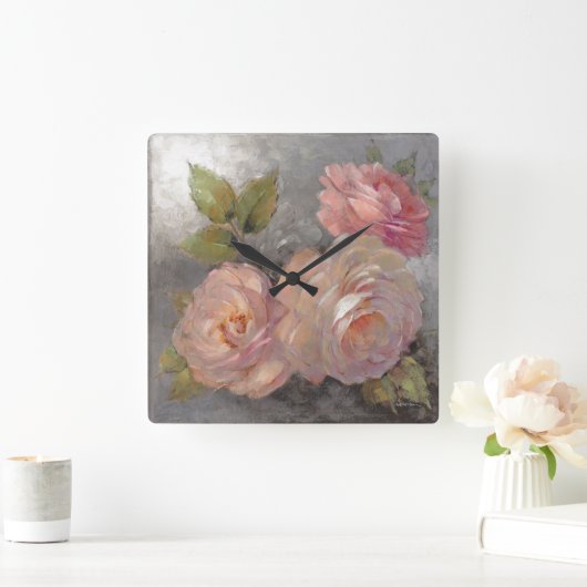 Rose mit Grau Quadratische Wanduhr (Zuhause)