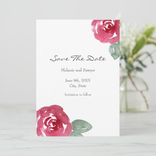 Rose mit handgemalten rosa Wasserfarben Save The Date (Stehend Vorderseite)