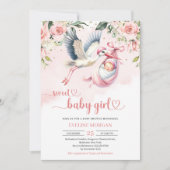 Rose mit niedlichem Storchenmädchen Einladung (Vorderseite)