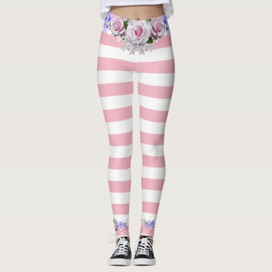 Rose mit rosa Streifen Leggings (Vorderseite)