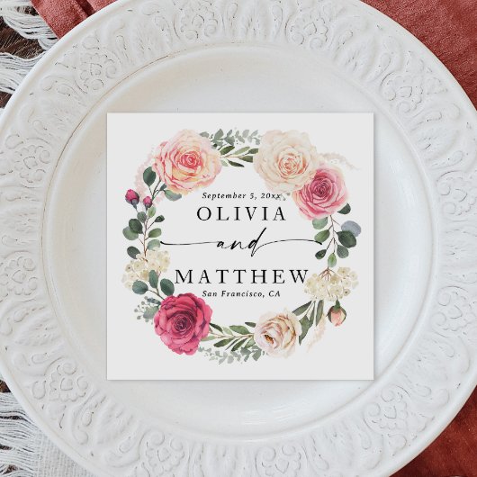 Rose mit rosa Wasserfarbe. Blumengarten Hochzeit Serviette