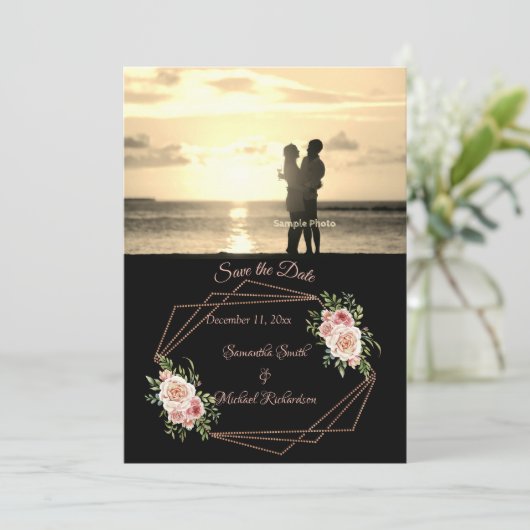 Rose mit Rose Gold Geometric Foto Save the Date (Stehend Vorderseite)