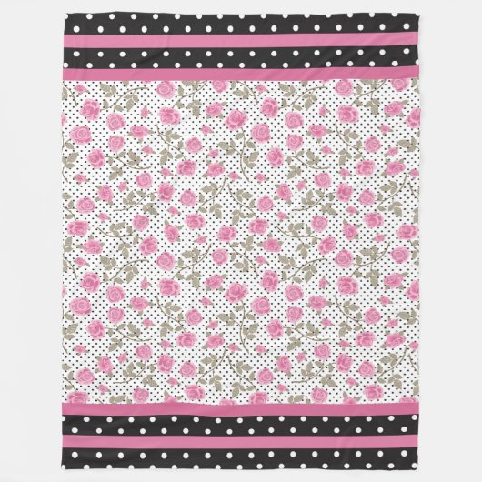 Rose mit schwarzen Polka-Punkten Fleecedecke (Vorderseite)